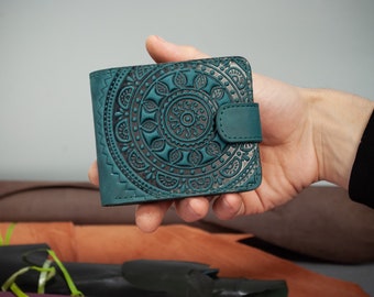 Leather Wallet with Sun, turquoise Leather wallet, Wallet Women cute, Sun Pattern leather Wallet, Wallet with Ornament