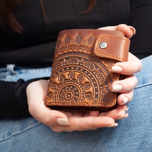 Carteira Sun Hippie, Carteira feita à mão para homens, Carteira de couro masculina, Carteira masculina, Carteira de couro, Carteira unissex, Carteira Boho
