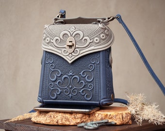 Gray Blue Crossbody Bag, Unique Ethnic Ladie’s Purse Crossbody bag, Genuine Leather Bag with Embossed Print