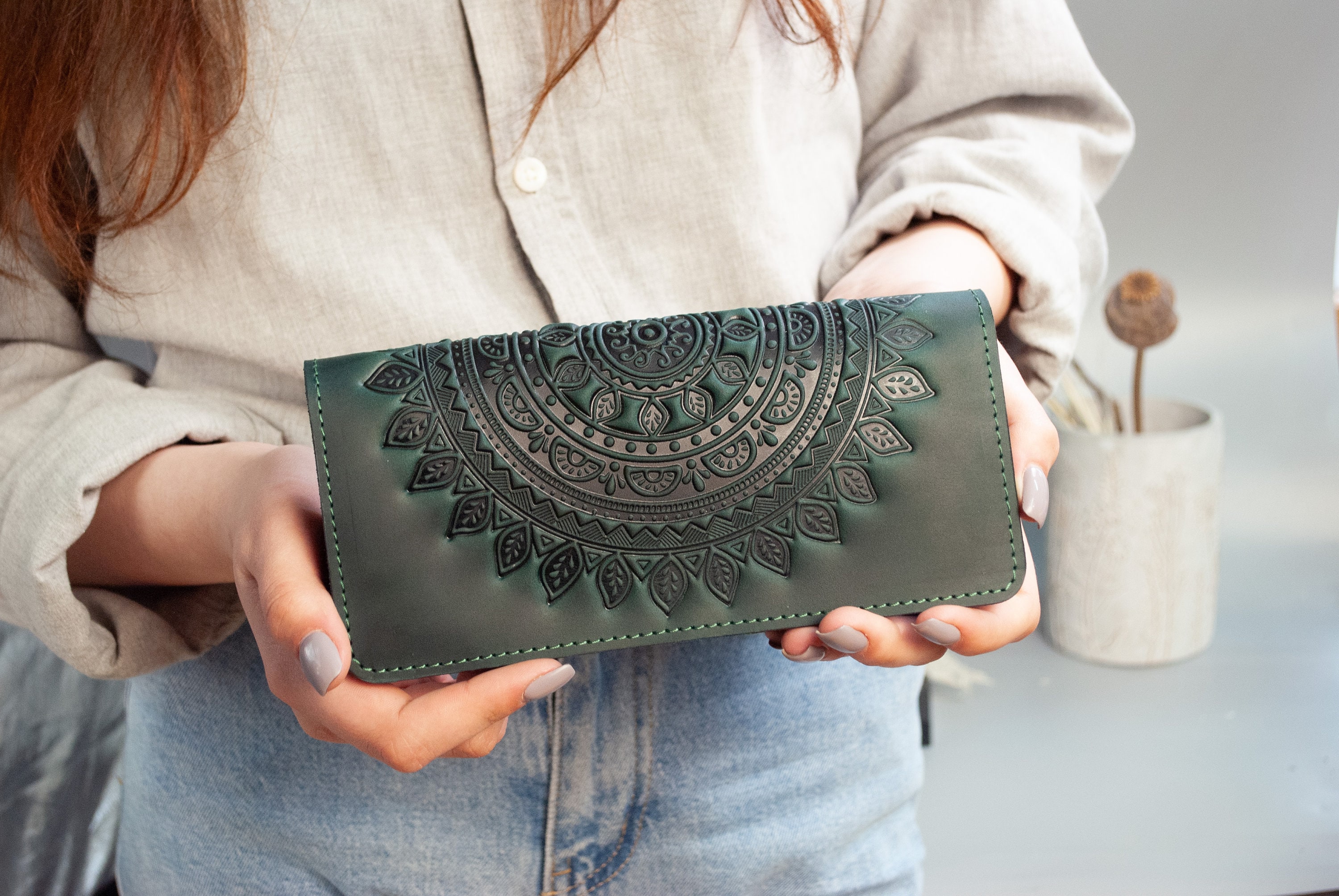 Handmade Genuine Leather Wallet Green Boho Leather Wallet Etsy