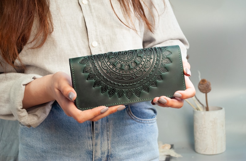 Handmade Genuine Leather Wallet, Green Boho Leather Wallet, Mandala