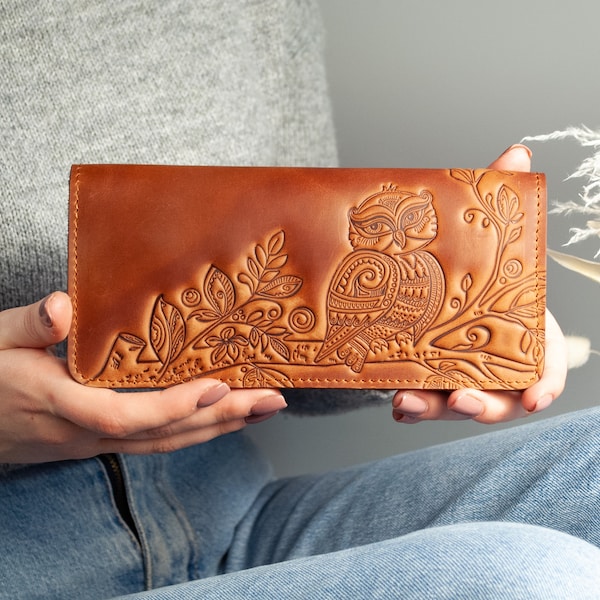 Long Brown Minimalist Owl Wallet, Handmade Genuine Leather Wallet, Full Grain Leather Wallet, Woodland Animals Wallet