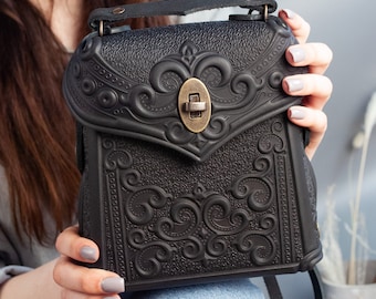 Black crossbody bag Boho crossbody bag, Black Genuine Leather Bag with Embossed Print, Unique Ethnic Ladie’s Purse Crossbody bag