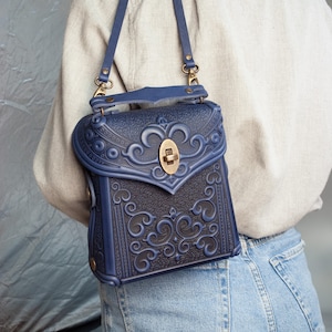 Dark Blue Crossbody Bag, Bag with Embossed Floral Print, Unique Ethnic Ladie’s Purse Crossbody bag