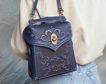 Dark Blue Crossbody Bag, Bag with Embossed Floral Print, Unique Ethnic Ladie’s Purse Crossbody bag