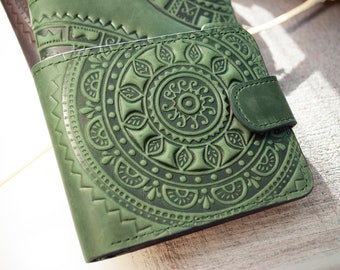 Green Leather Wallet with Sun, Boho wallet, 9 pockets, Wallet Women cute, Sun pattern leather wallet