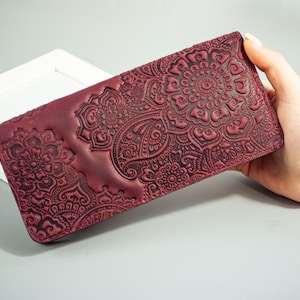 Leather Wallet with Flower, Leather long wallet, boho wallet women, wristlet purse, Marsala leather wallet with Flower, long wallet