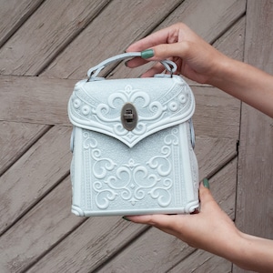 Boho messenger bag, White-Grey crossbody bag, Leather handbag, Shoulder bag, Tooled leather purse, White embossed bag