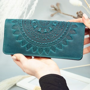 Leather Wallet with Sun, turquoise Leather wallet,  Sun Pattern leather Wallet, leather wallet, Sun Clutch, long wallet
