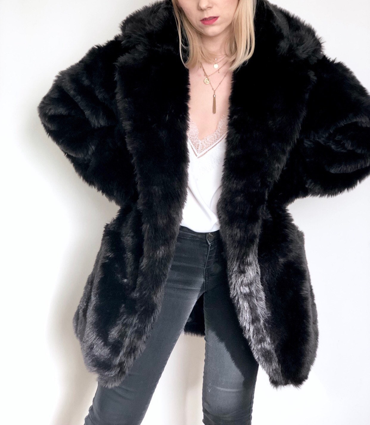 Black Fur Coat, Fluffy Jacket, Furry, 100% Polyester, Vegan