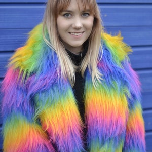 Rainbow Faux Fur Coat. Unisex cut. 100% polyester. Vegan, Cruelty Free. Luxury Fur. image 3