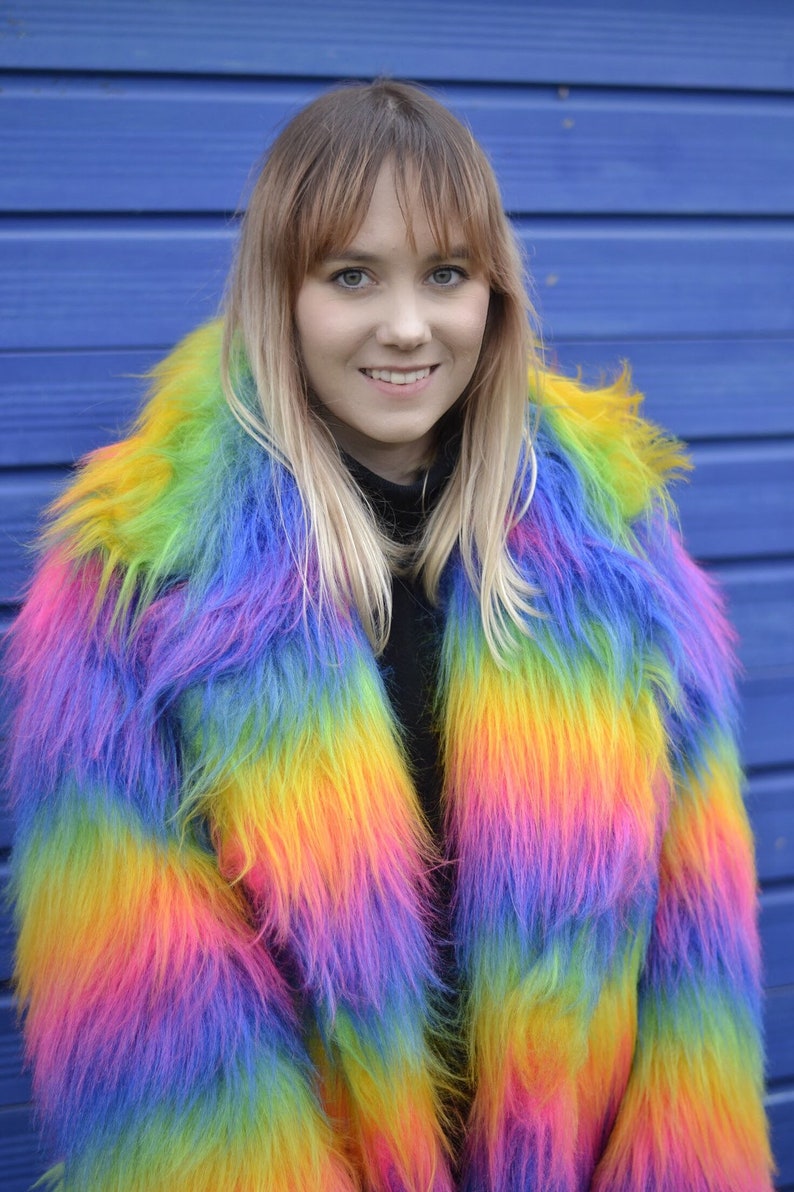 Rainbow Faux Fur Coat. Unisex cut. 100% polyester. Vegan, Cruelty Free. Luxury Fur. image 3