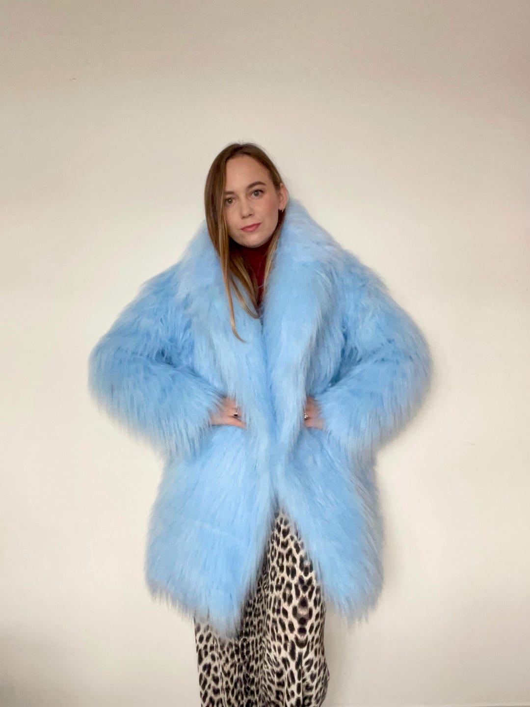 Baby Blue Shaggy Fur Coat, Fluffy Jacket, Furry, 100% Polyester