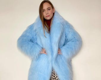 Baby Blue Shaggy Fur Coat, Fluffy Jacket, Furry, 100% Polyester