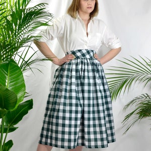 Forest Green and white check, gingham skirt, 100% cotton, full gathered midi skirt, classic casual style skirt.