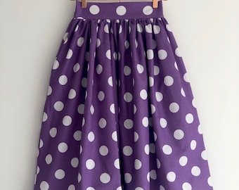 Purple large polka dots skirt. 100% cotton. Midi length, retro casual style.