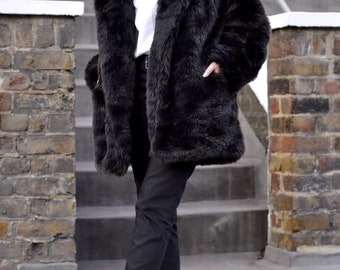 Y2K Black Fur COAT Vintage 2000's Fur Jacket Satin Belt Long
