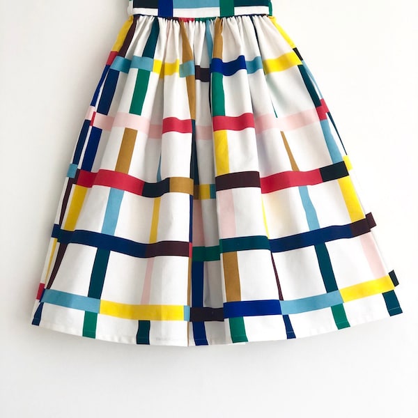 100% Cotton midi skirt, Giant check, gingham, window pane print, white with colourful, multicolour pattern