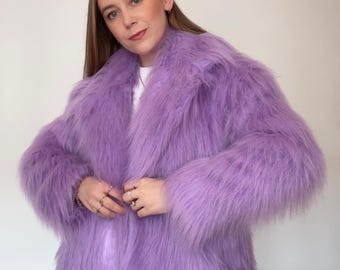 Lilac Oversized Faux Fur Coat, Handmade Vegan Jacket