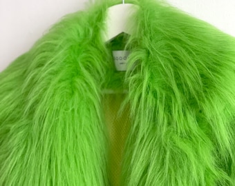 Lime Green shaggy fur coat, fluffy jacket, furry, 100% polyester, vegan, faux fur, oversize coat.