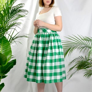 Green and white check, gingham skirt, 100% cotton, full gathered midi skirt, classic casual style skirt. image 1