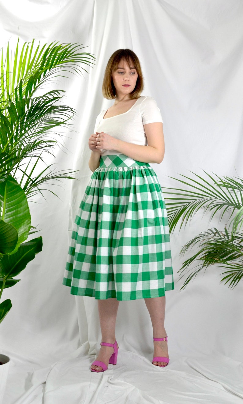 Green and white check, gingham skirt, 100% cotton, full gathered midi skirt, classic casual style skirt. image 1