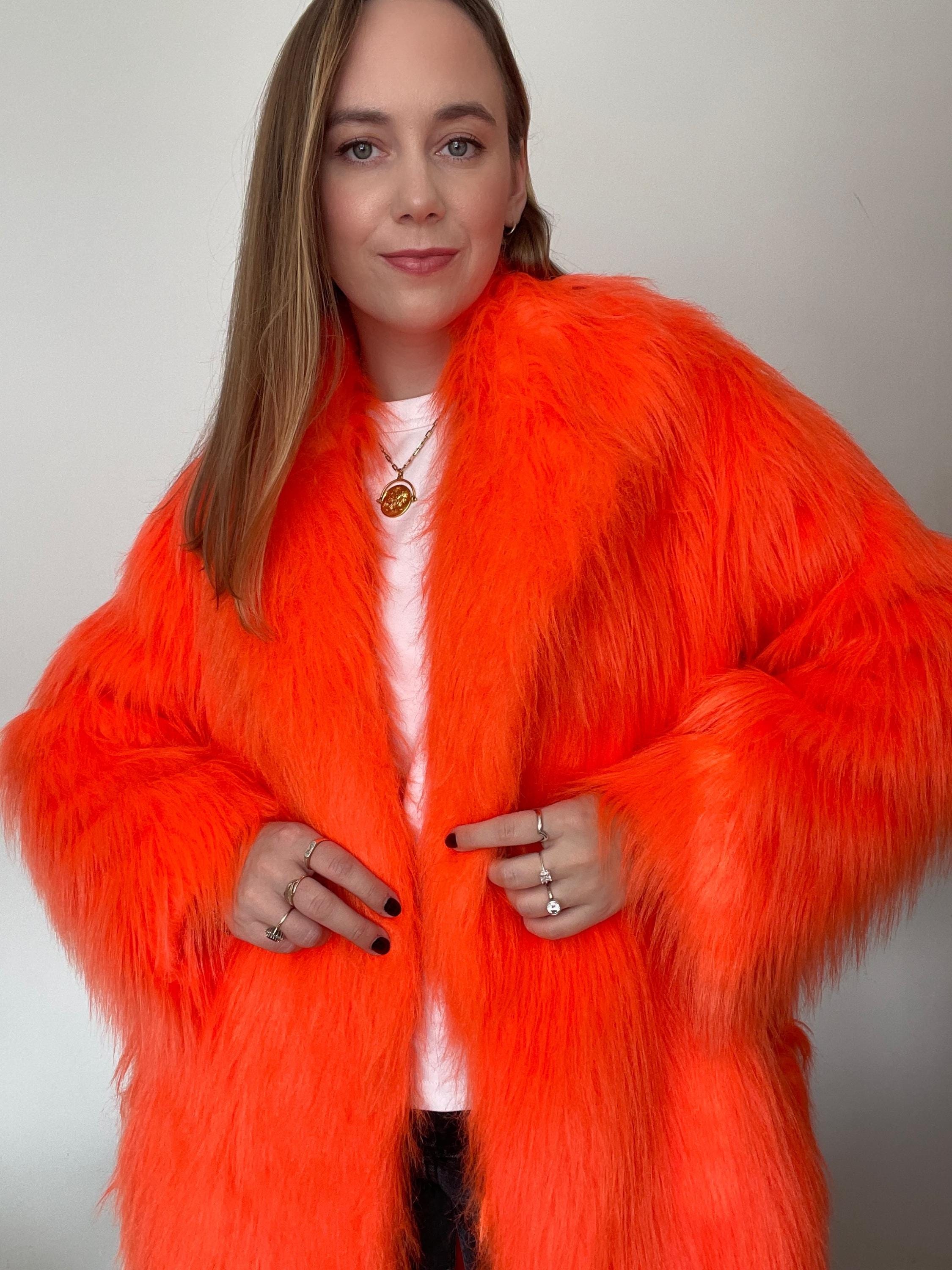 Orange Faux Fur Coat. Fluo Hot Orange, Vegan, Cruelty Free