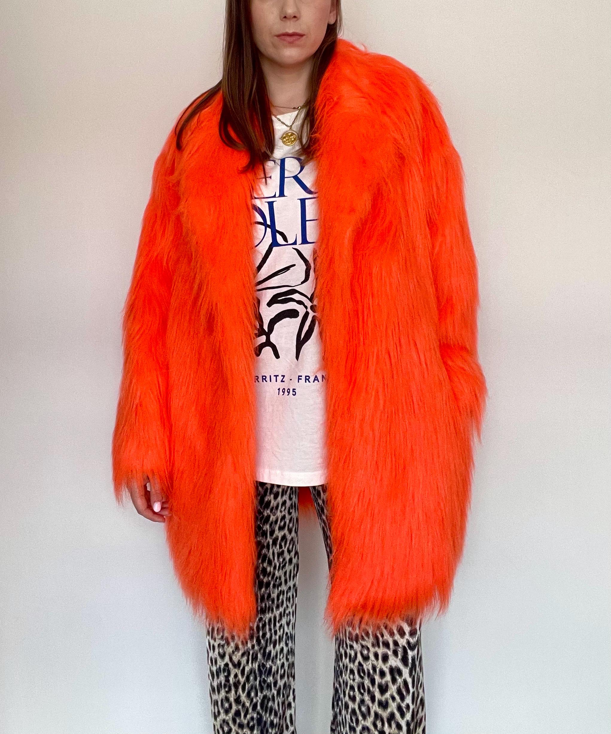 Orange Faux Fur Coat. Fluo Hot Orange, Vegan, Cruelty Free