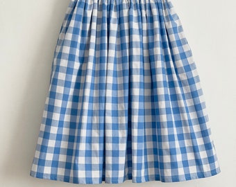 Denim Blue and white check, gingham skirt, 100% cotton, full gathered midi skirt, classic casual style skirt.