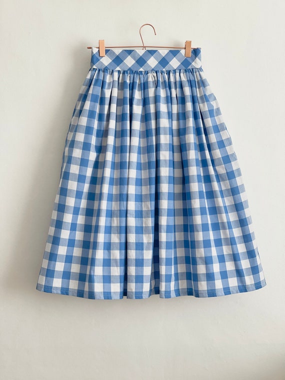 Denim Blue and White Check, Gingham Skirt, 100% Cotton, Full Denim Blue and White Check, Gingham Skirt, 100% Cotton, Full