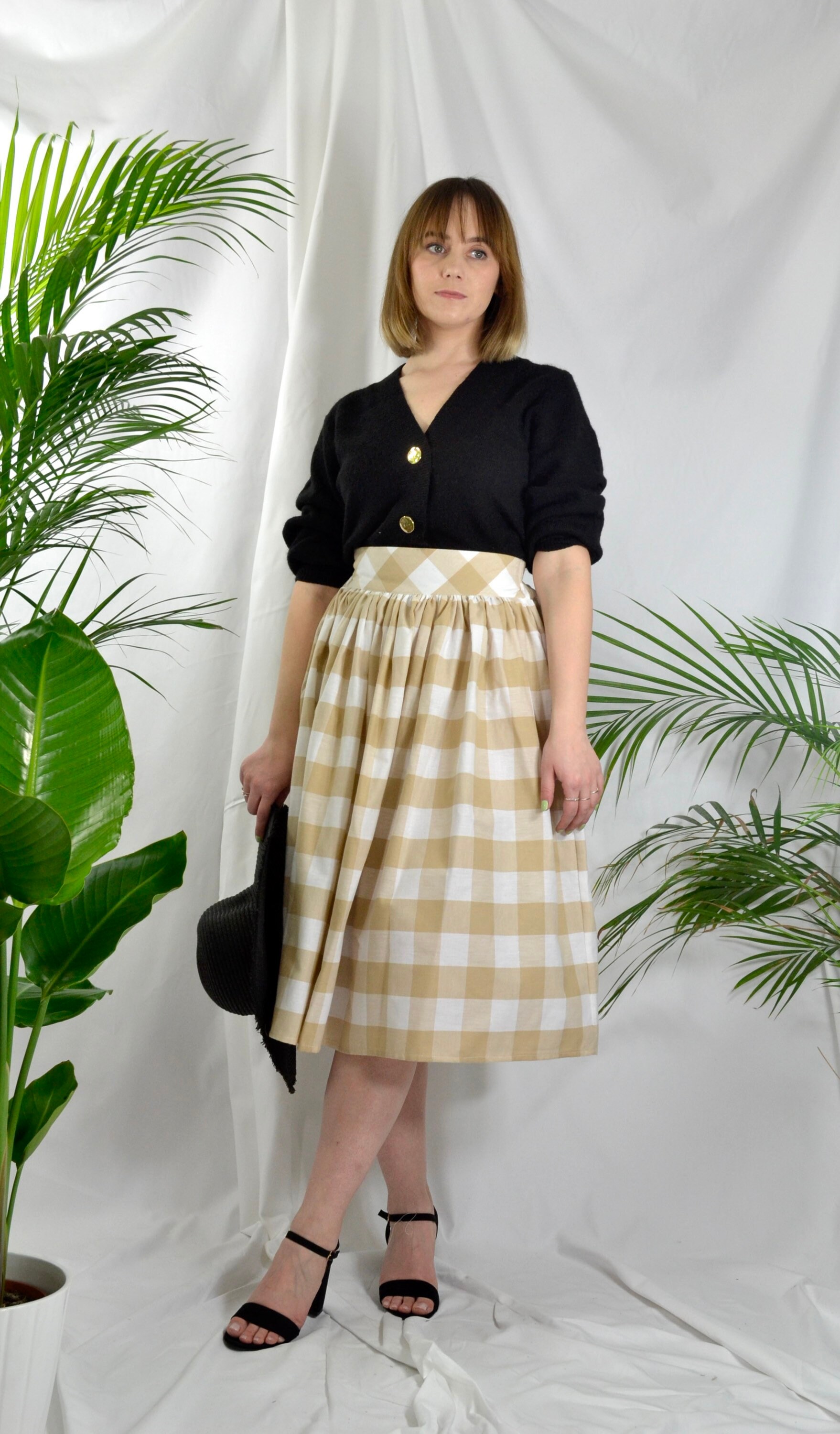 Nude Beige and White Check, Gingham Skirt, 100% Cotton, Full