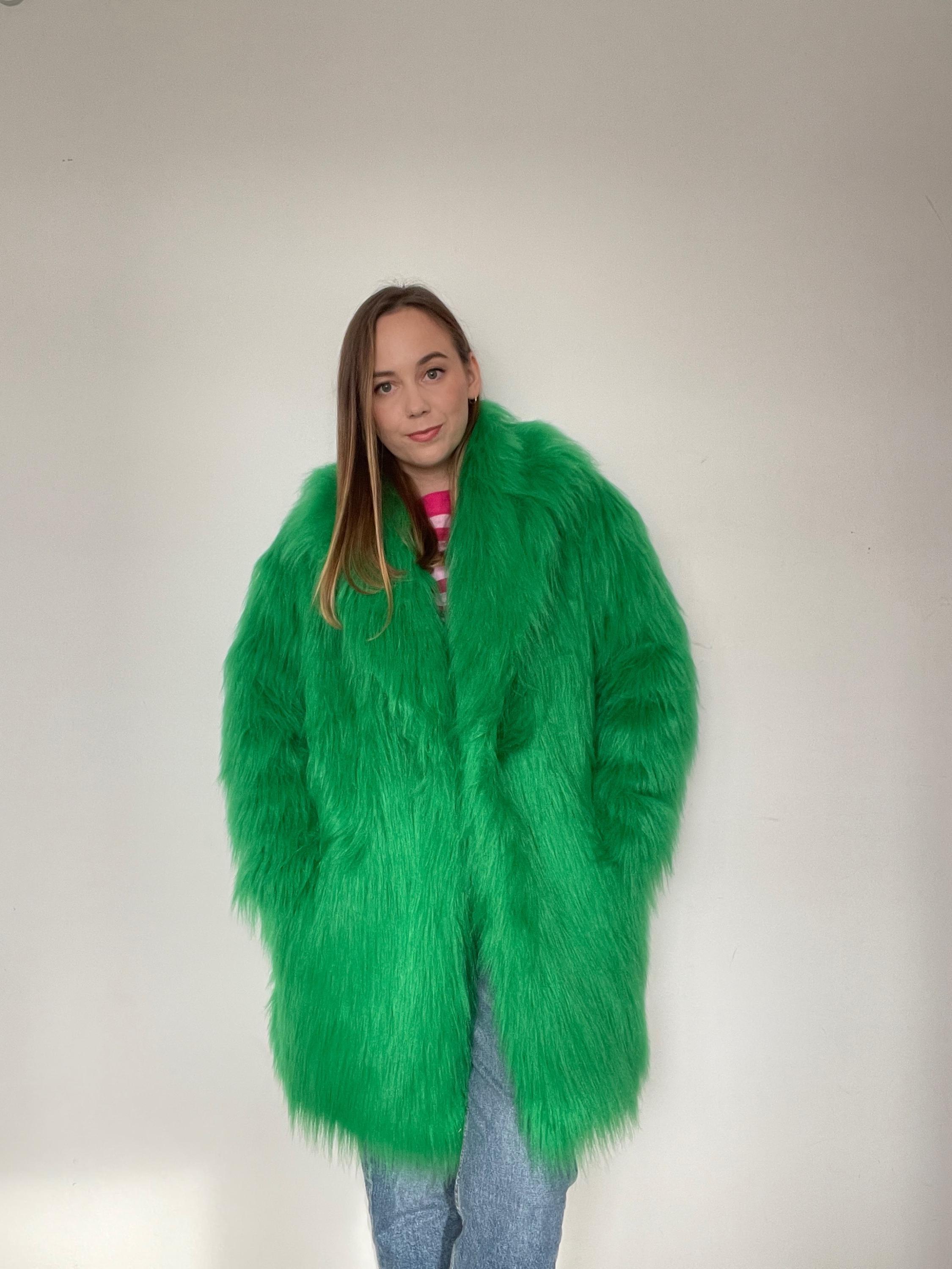 Grass Green, Emerald Shaggy Fur Coat, Fluffy Jacket, Furry