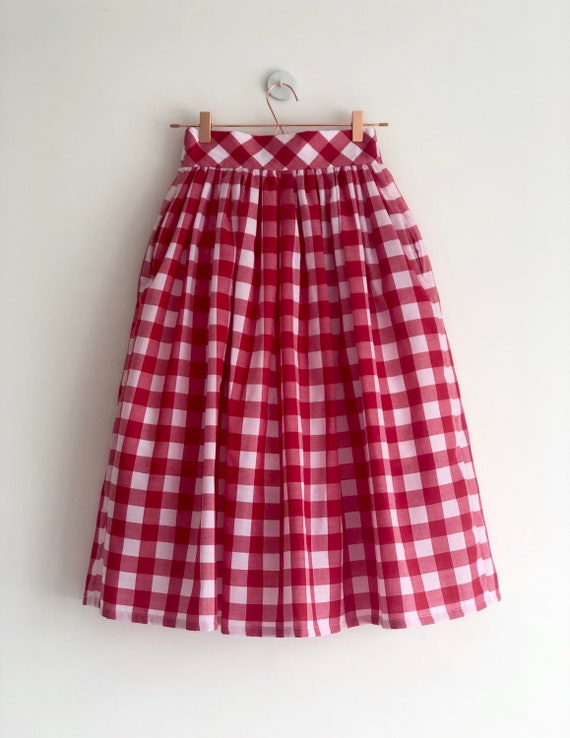 Red and White check gingham skirt 100 cotton full gathered midi skirt classic casual style skirt