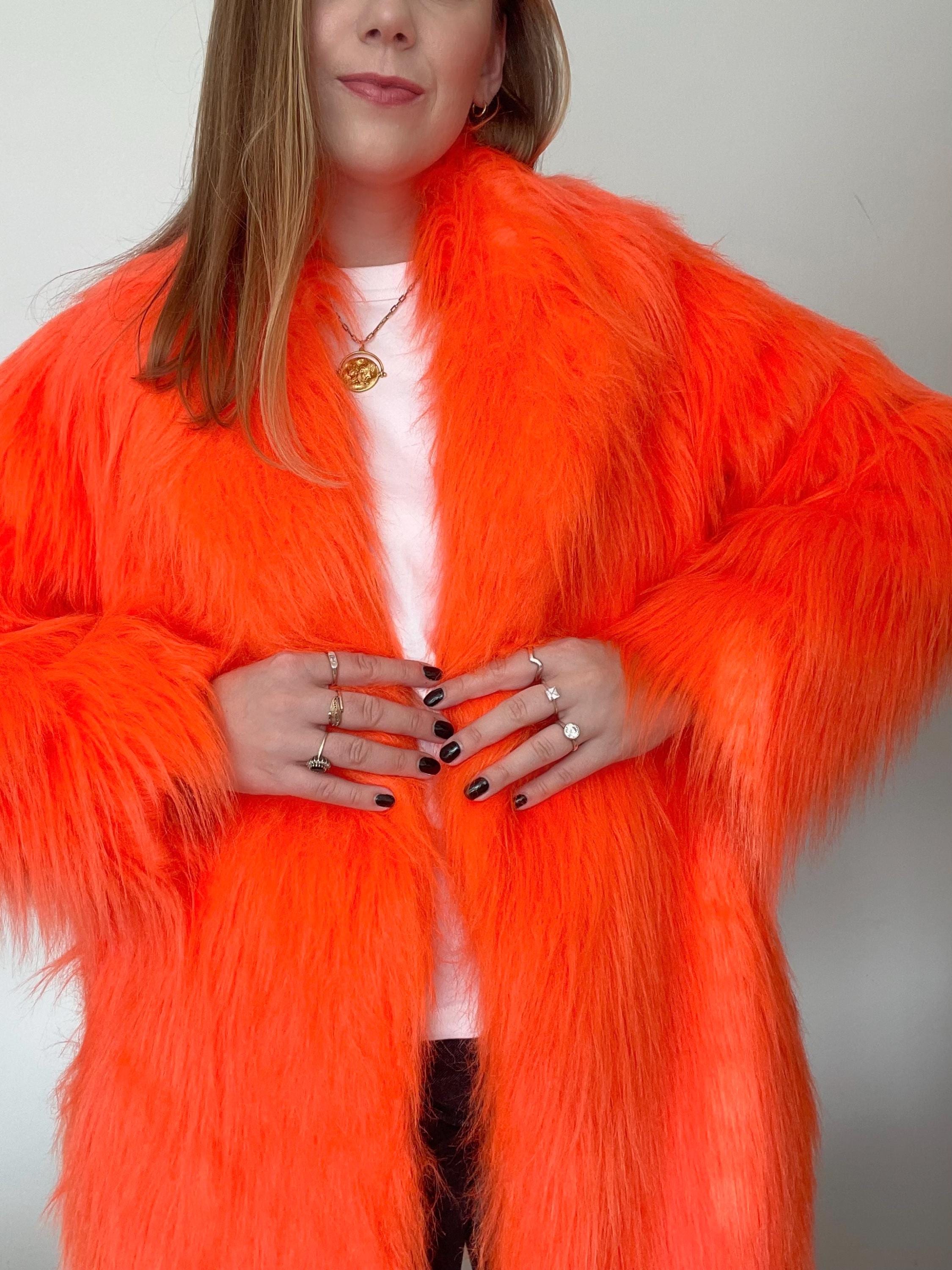 Orange Faux Fur Coat. Fluo Hot Orange, Vegan, Cruelty Free