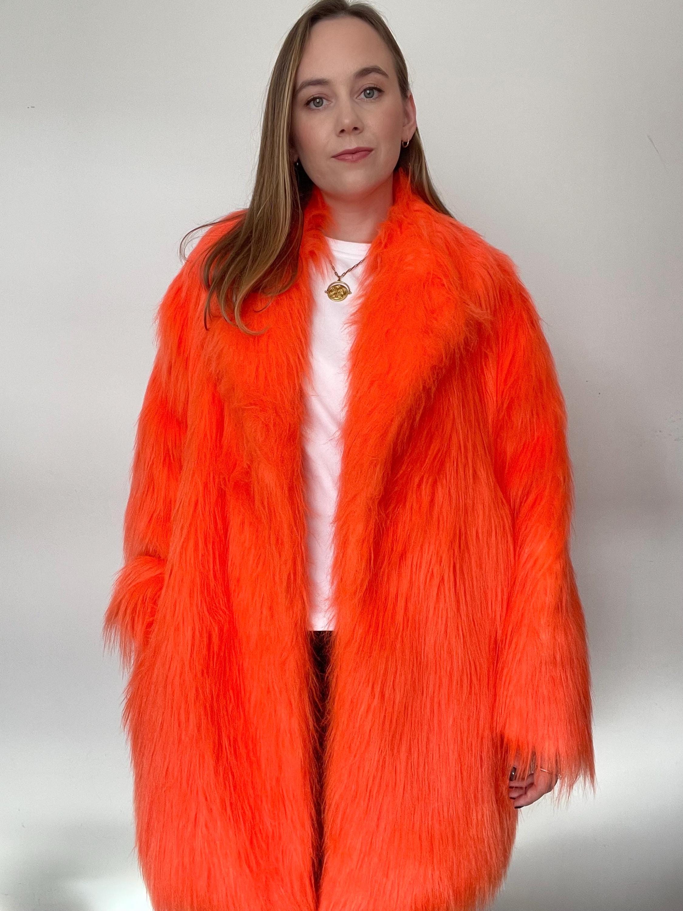Orange Faux Fur Coat. Fluo Hot Orange, Vegan, Cruelty Free