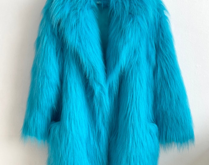 Turquoise Shaggy Fur Coat, Fluffy Jacket, Furry, 100 Polyester, Vegan