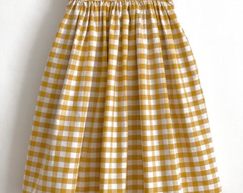 Mustard and white check, gingham skirt, 100% cotton, full gathered midi skirt, classic casual style skirt.