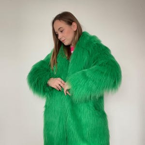 Grass Green, Emerald shaggy fur coat, fluffy jacket, furry, 100% polyester, vegan, faux fur, oversize coat.