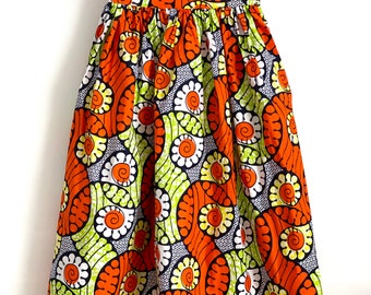 Lime Green & Orange Midi Flare Skirt, Handmade, African Wax, 100% Cotton.