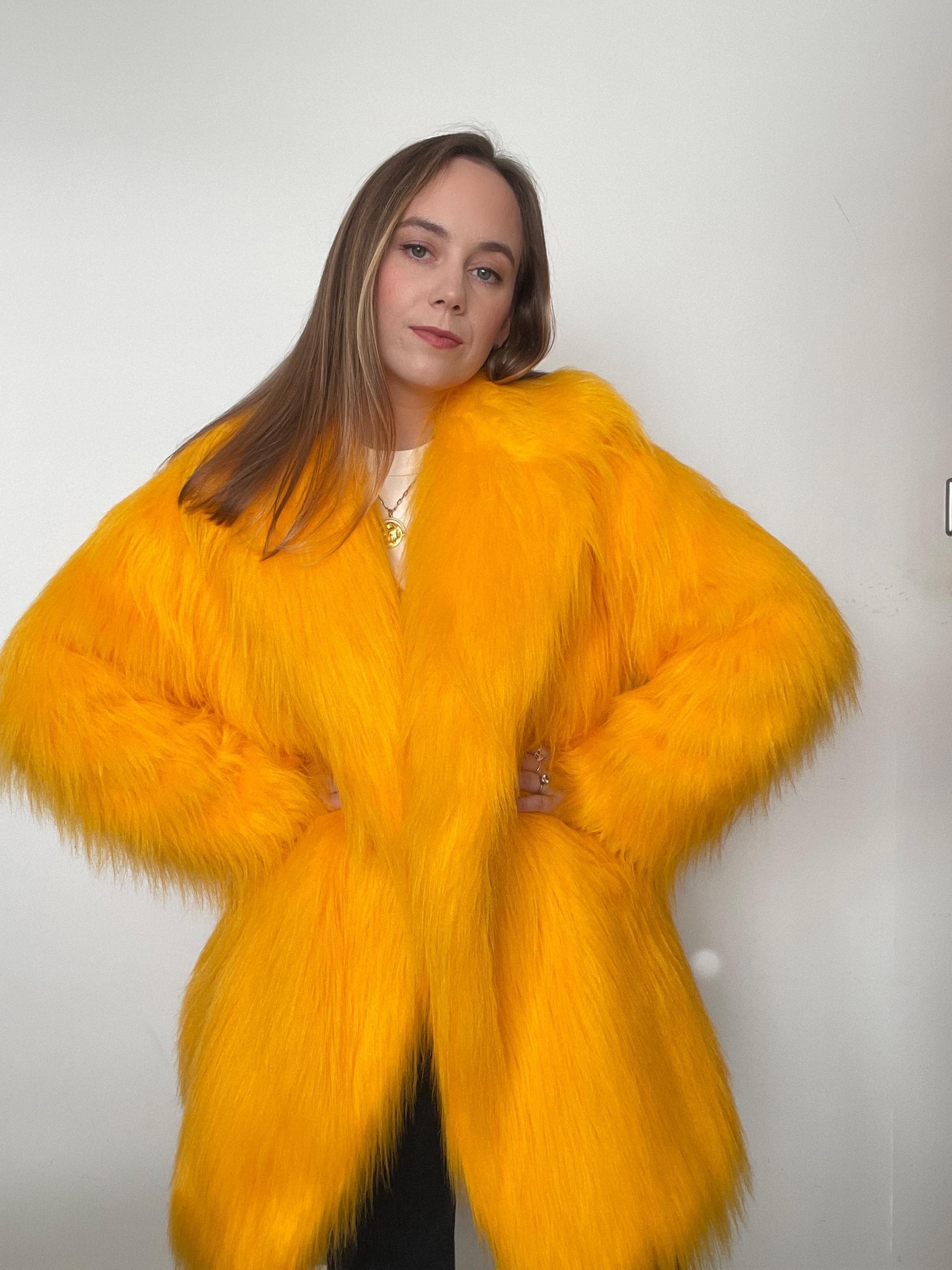 Marigold Faux Fur Jacket - Cozy Polyester Outerwear Unisex - Bold