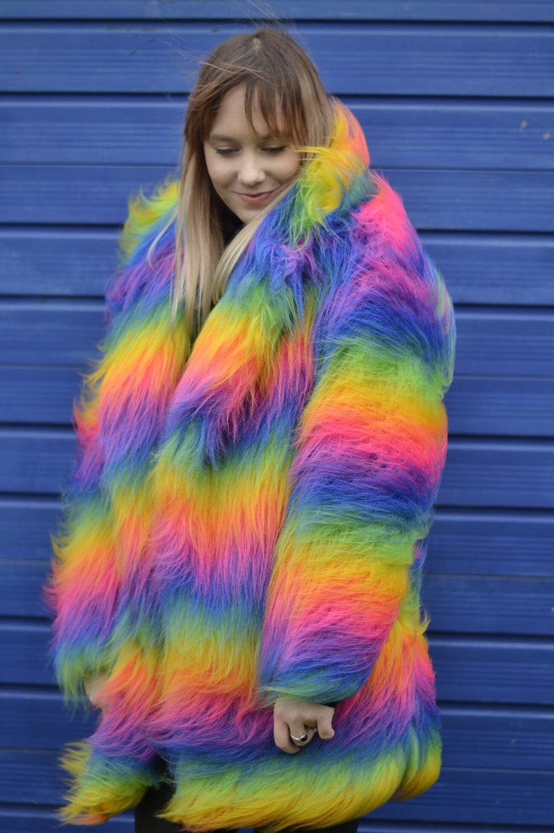 Rainbow Faux Fur Coat. Unisex cut. 100% polyester. Vegan, Cruelty Free. Luxury Fur. image 7