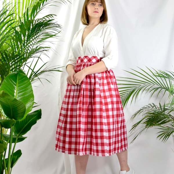 Carreaux rouges et blancs, jupe vichy, 100 % coton, jupe midi froncée, jupe de style décontracté classique.