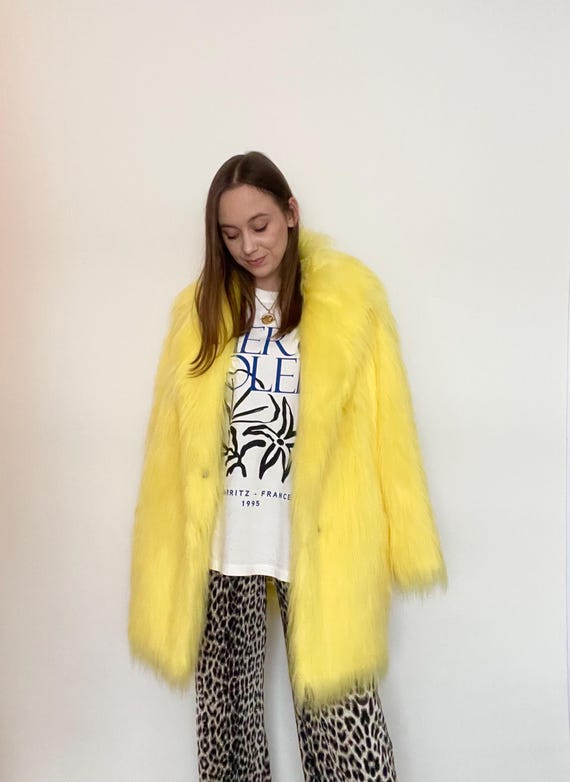 Yellow Shaggy Fur, Lemon Fur Coat, Fluffy Jacket, Furry, 100 