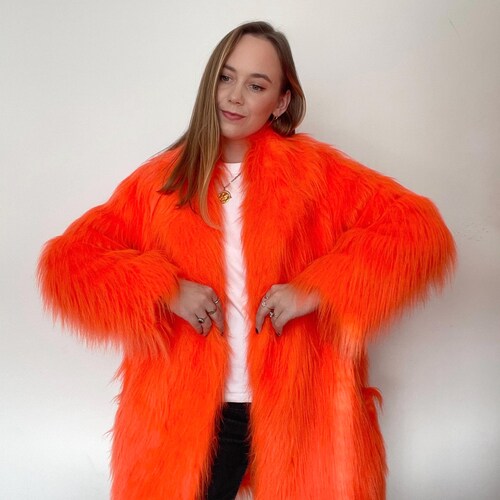 Orange Faux Fur Coat. Fluo Hot Orange, Vegan, Cruelty Free