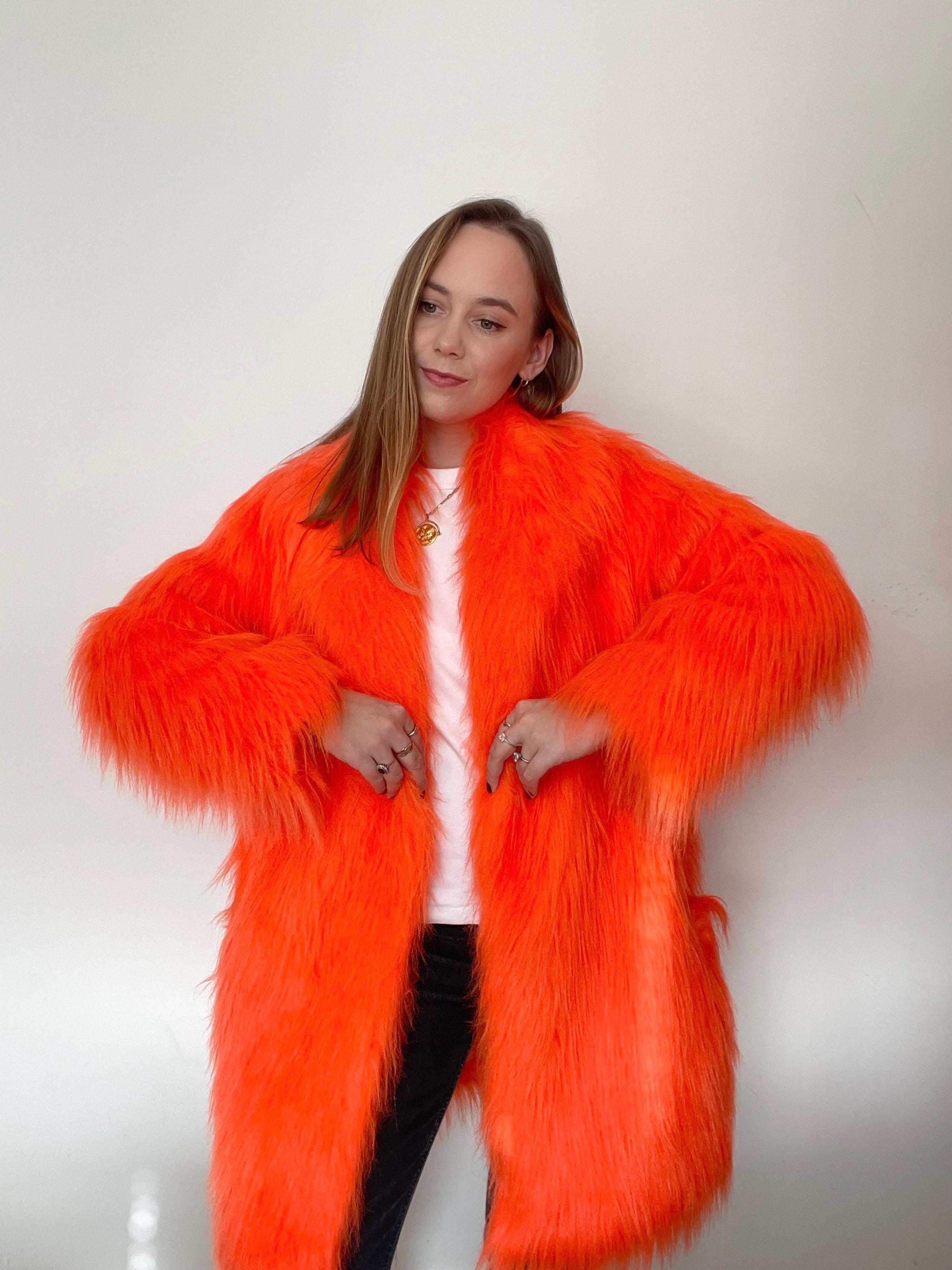 Orange Faux Fur Coat. Fluo Hot Orange, Vegan, Cruelty Free