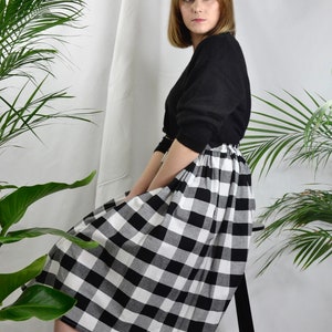 Black and white check, gingham skirt, 100% cotton, full gathered midi skirt, classic casual style skirt.