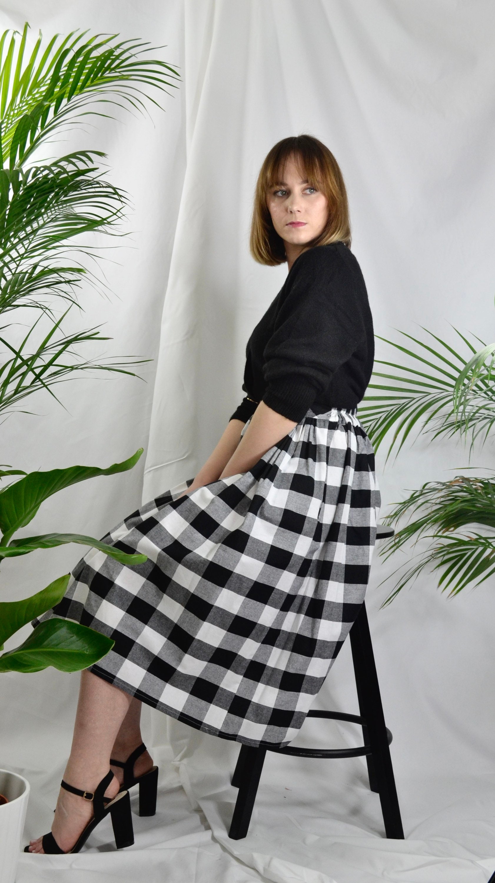 Black and White Check, Gingham Skirt, 100% Cotton, Full Gathered Midi Skirt,  Classic Casual Style Skirt. - Etsy