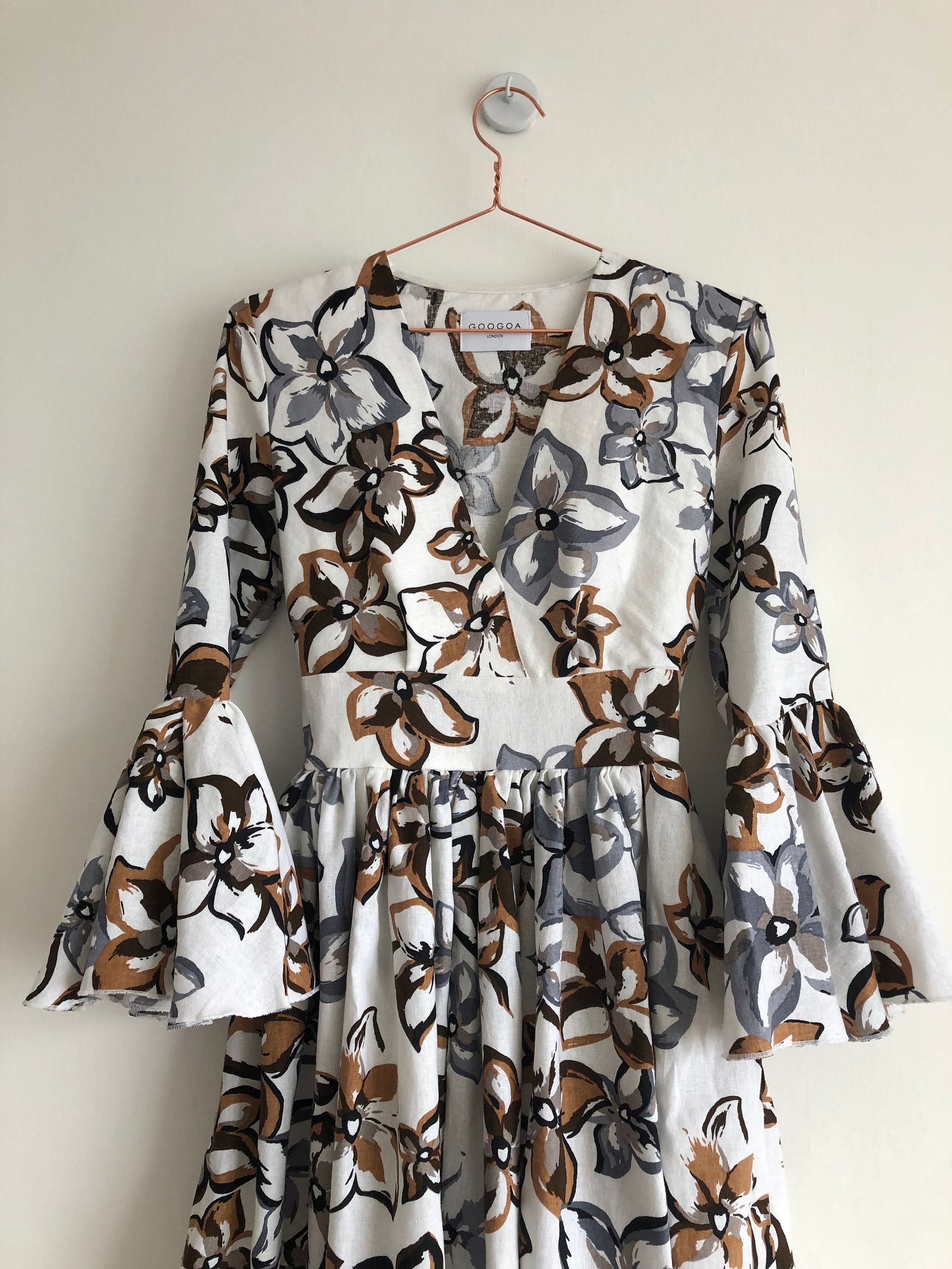 Linen dress, printed linen dress, grey and brown flower dress. 3/4 ruffle sleeves. More colours available.