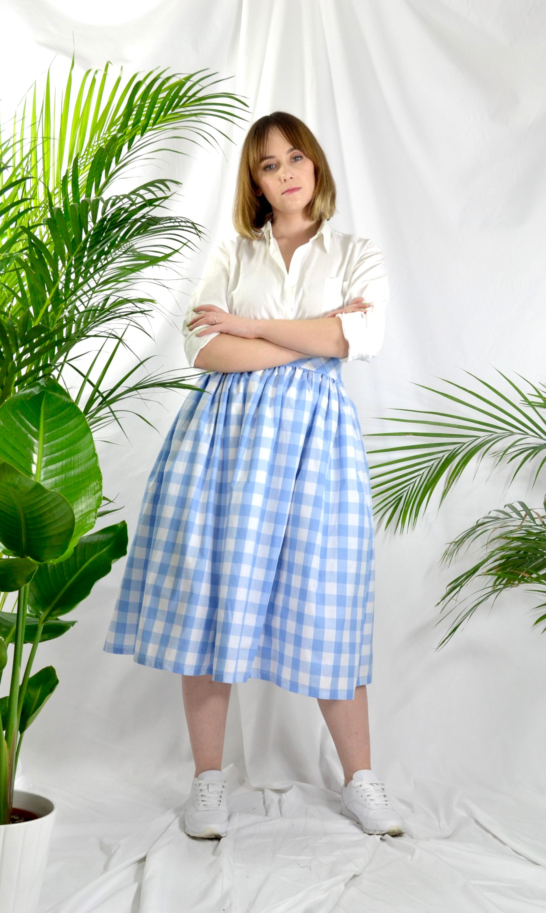 Baby Blue and White Check, Gingham Skirt, 100% Cotton, Full