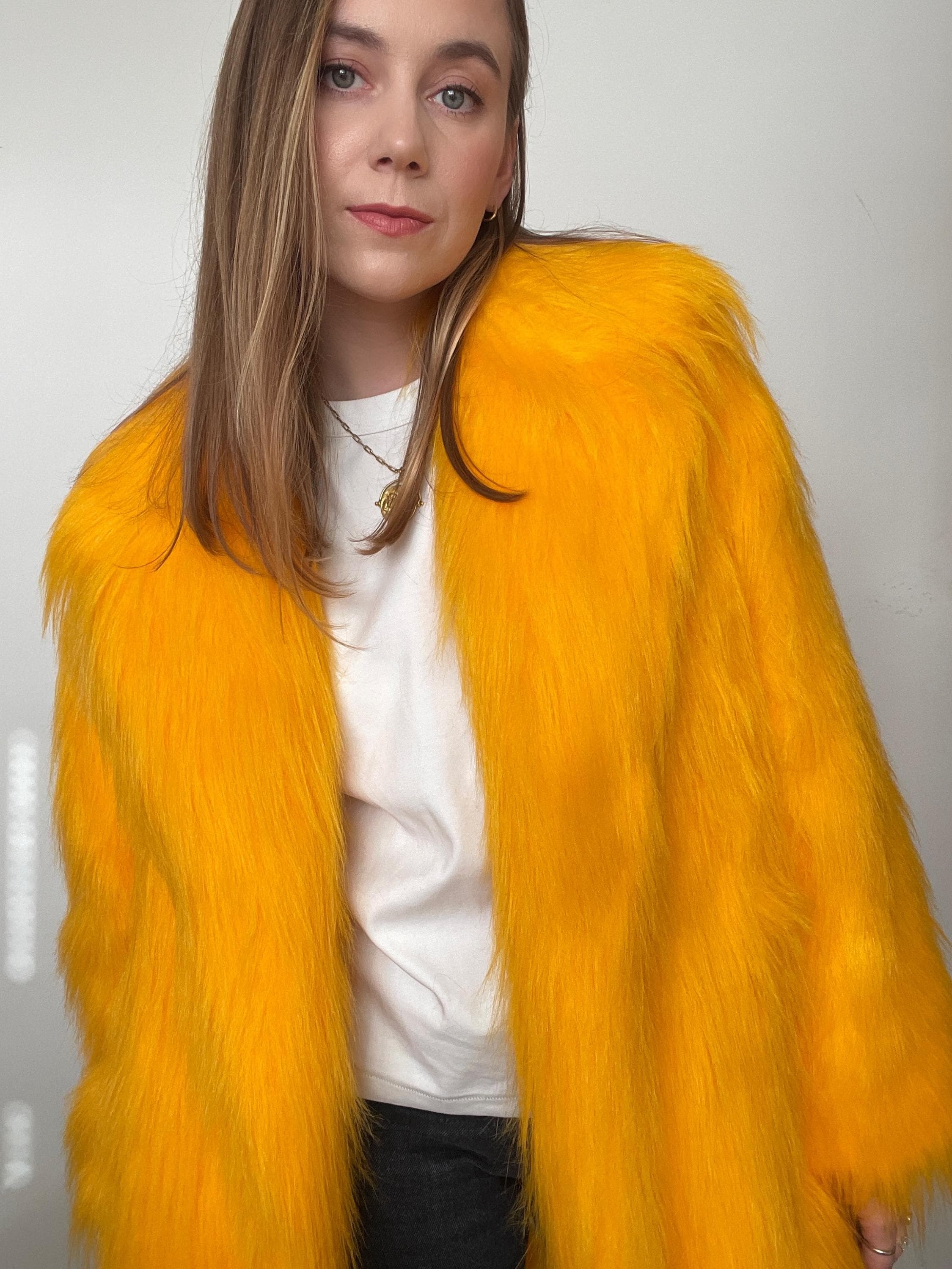 Marigold Faux Fur Jacket - Cozy Polyester Outerwear Unisex - Bold